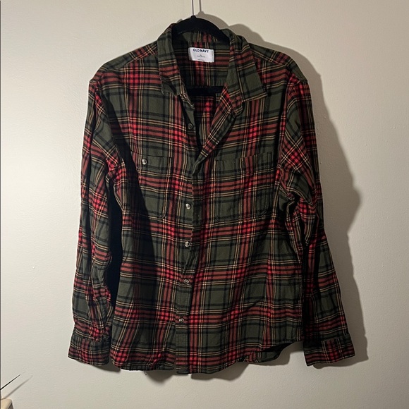 Old Navy Other - Old Navy Men's Olive Green and Red Plaid Button-Down Shirt